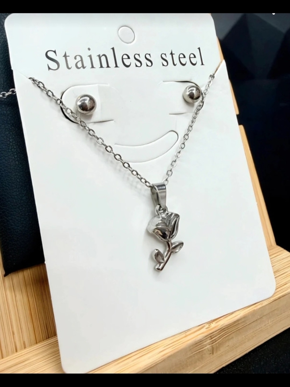 Silver  Rose Pendant Necklace - Stainless Steel & Earrings